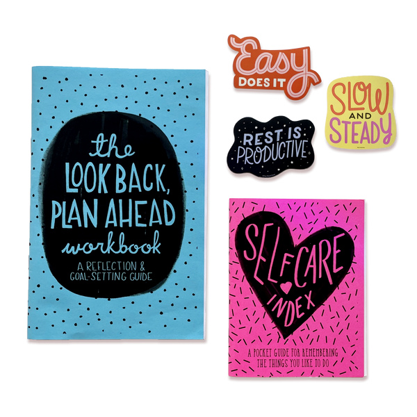 slow down kit stickers zine work books free period press